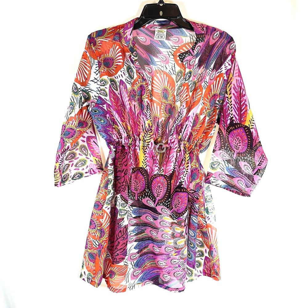 Rima Beachworld Tunic S/M Sheer Peacock Chiffon CoverUp Boho Festival Beach Pink